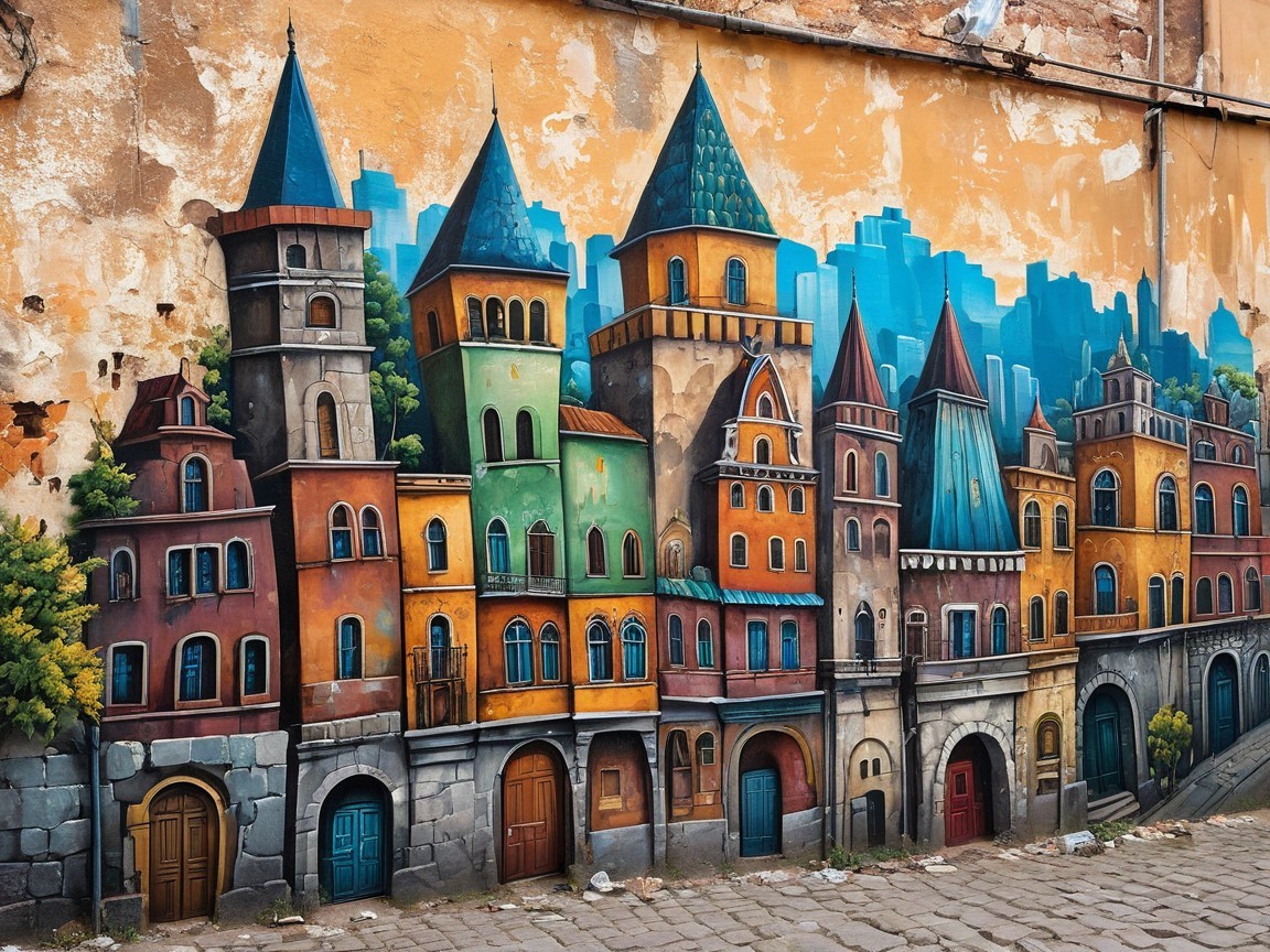 Vibrant mural of an old town with diverse architecture