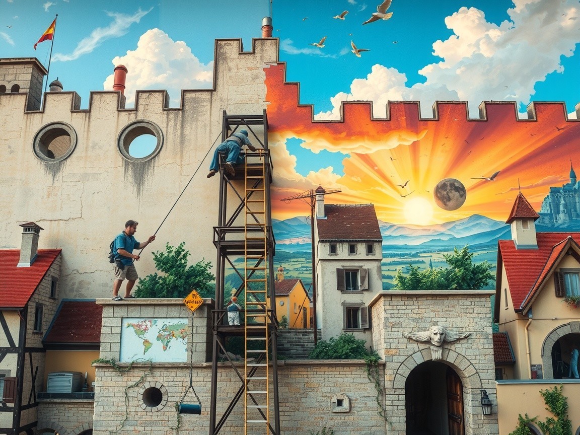 Vibrant Medieval Mural with Sunset and Castle Scene