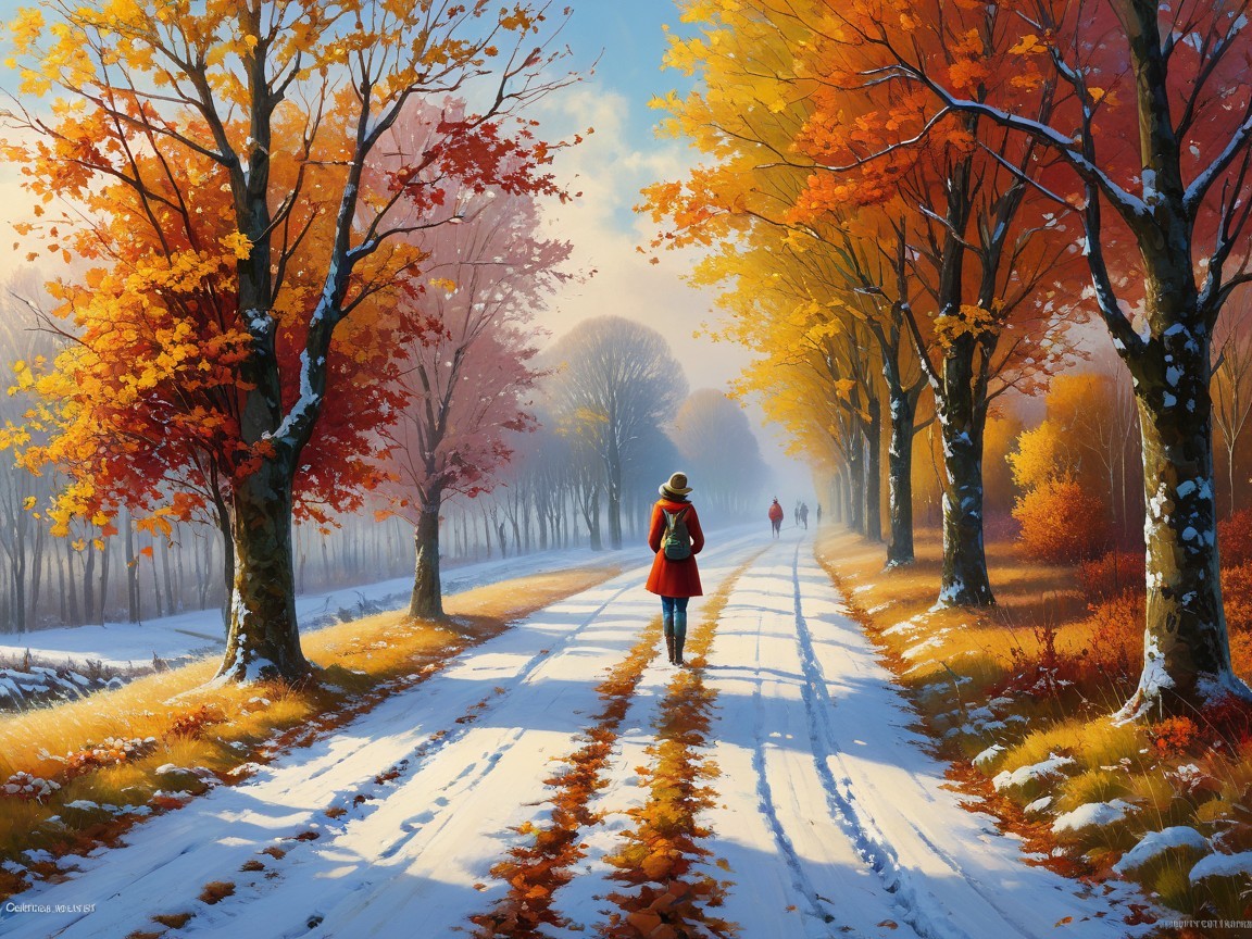 Autumn Pathway with Snow and Colorful Leaves