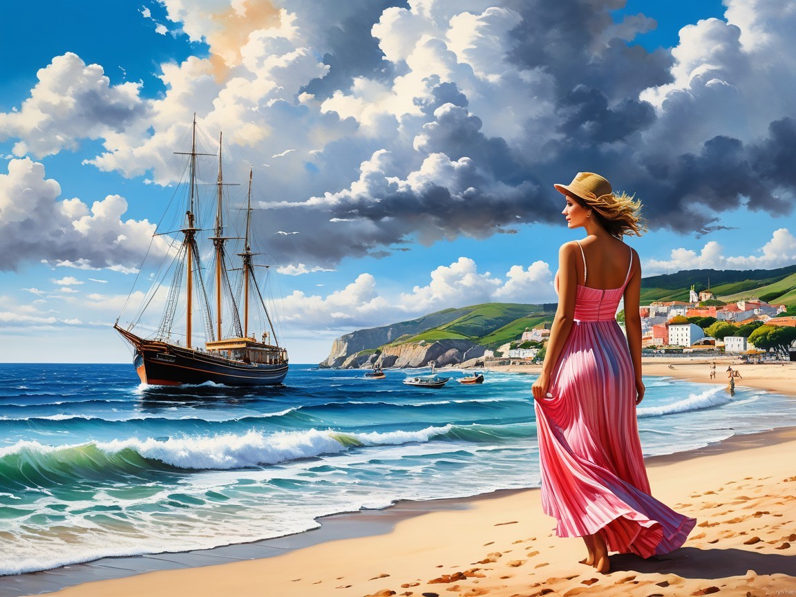 Woman in Pink Dress on Beach with Tall Ship and Ocean