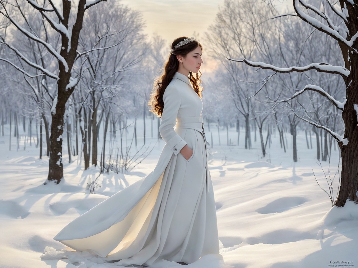 Young woman in white coat walking in snowy forest