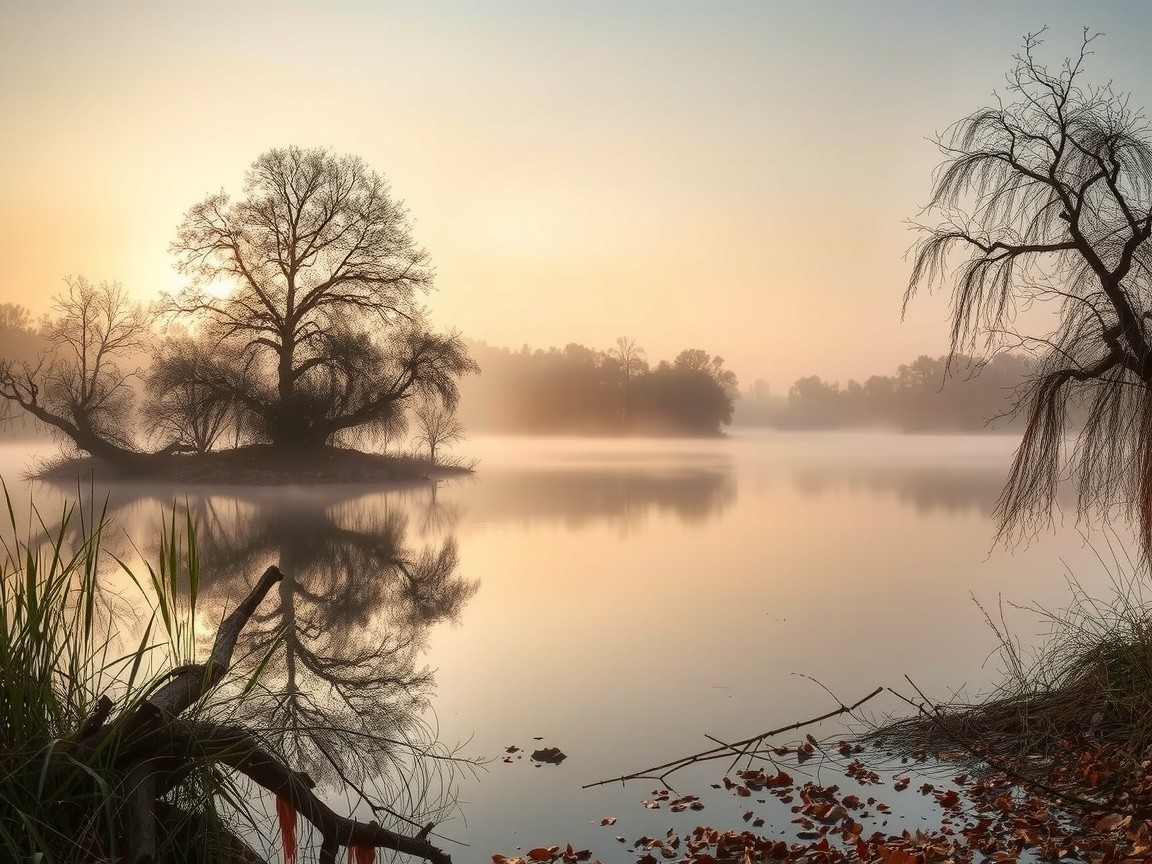 Serene Lakeside Scene at Dawn with Mist and Reflections