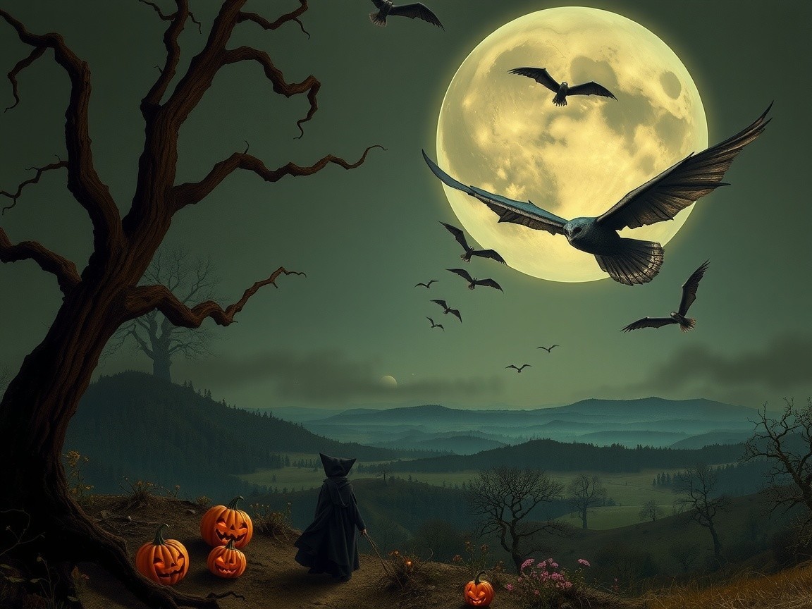 Witch on Hilltop Under Glowing Full Moon and Bats