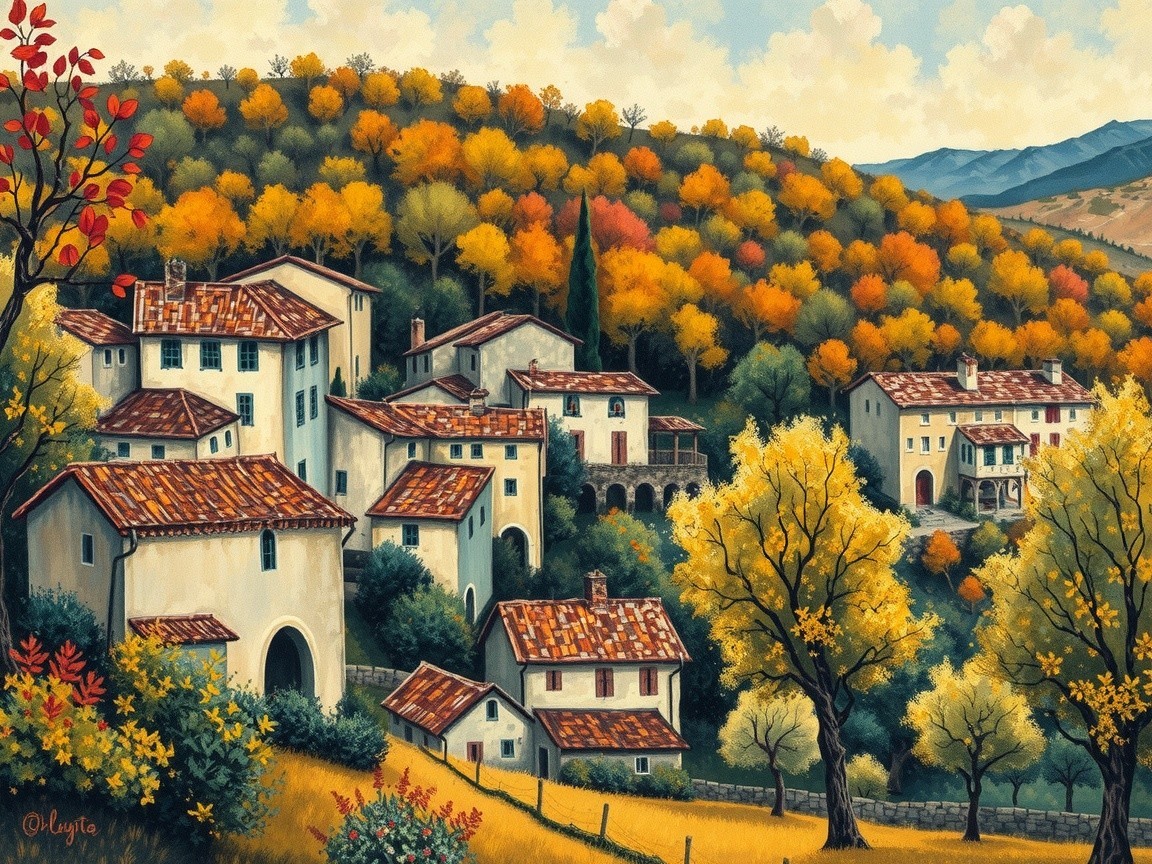 Italian Countryside with Autumn Trees and White Houses