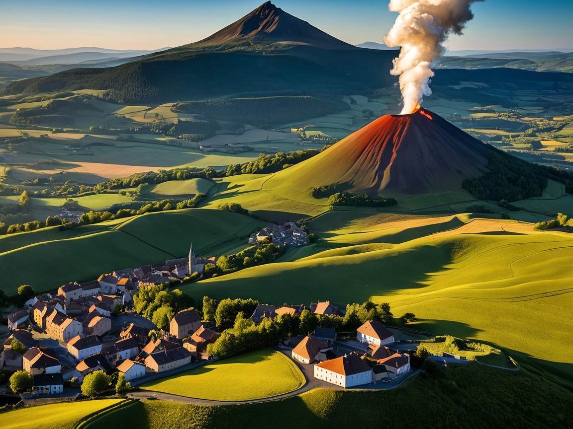 Aerial View of Volcanic Landscape with Village