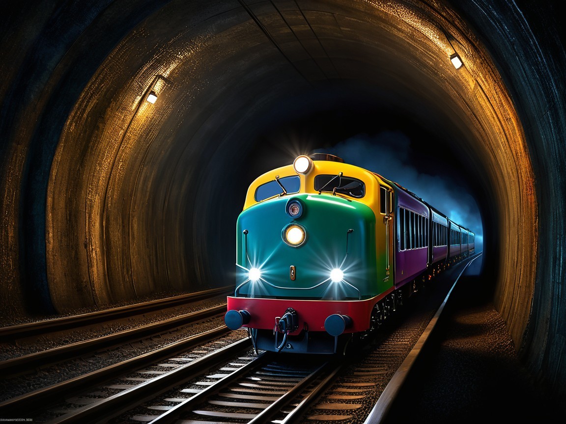 Vintage Train Emerging from Dark Tunnel with Steam