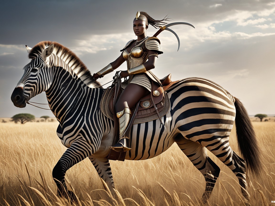Warrior Woman in Golden Armor Riding a Zebra