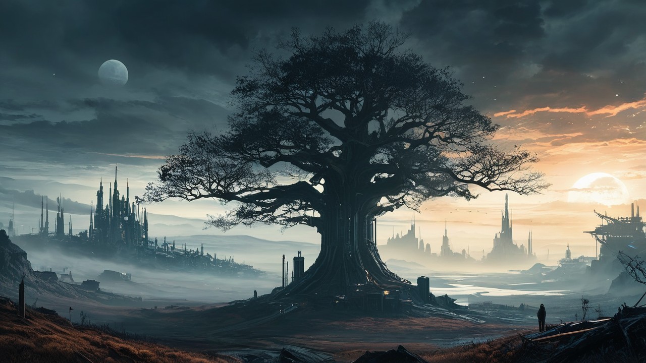 Gnarled Tree in a Barren Landscape with Ruined City