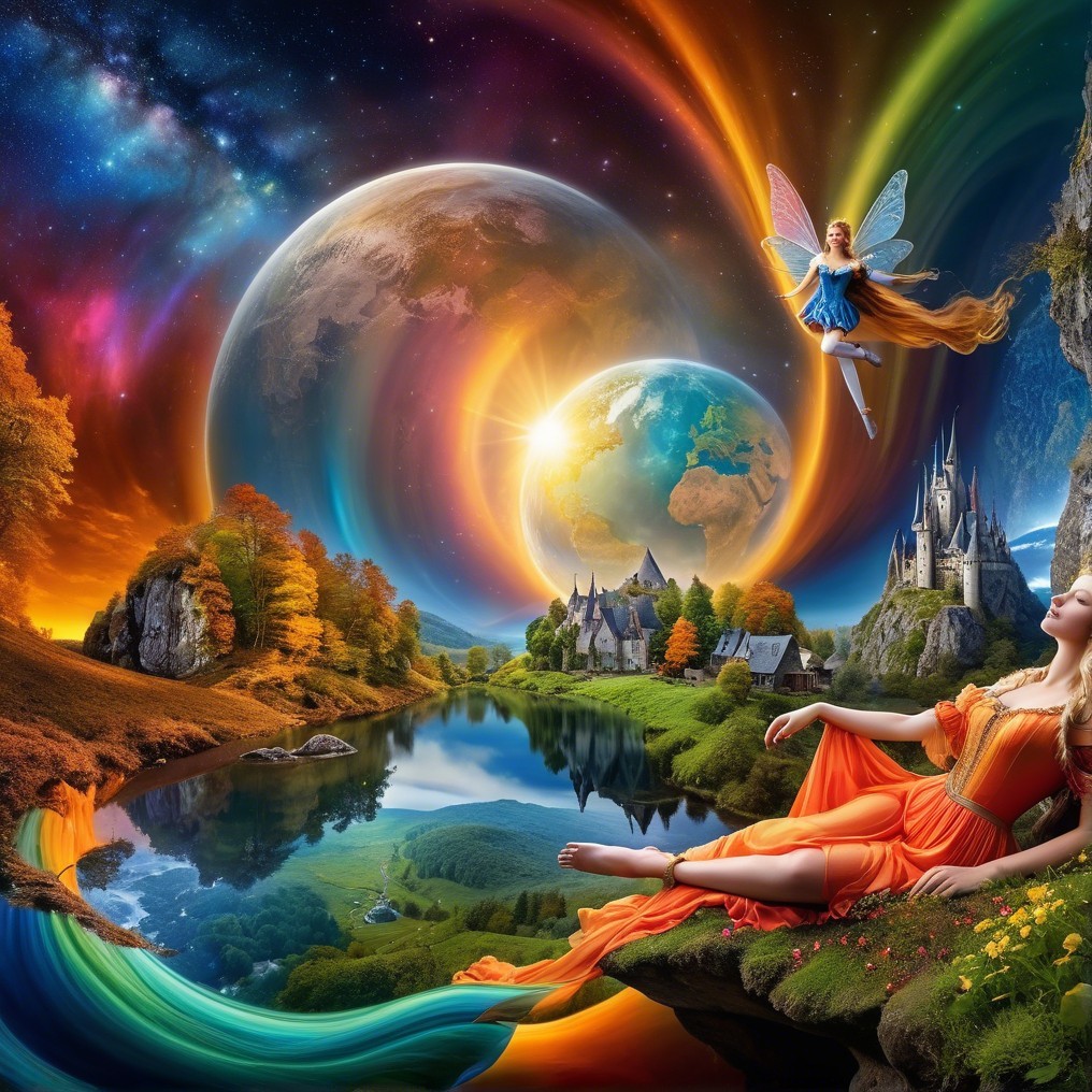 Fantasy Landscape with River, Planets, and Fairy