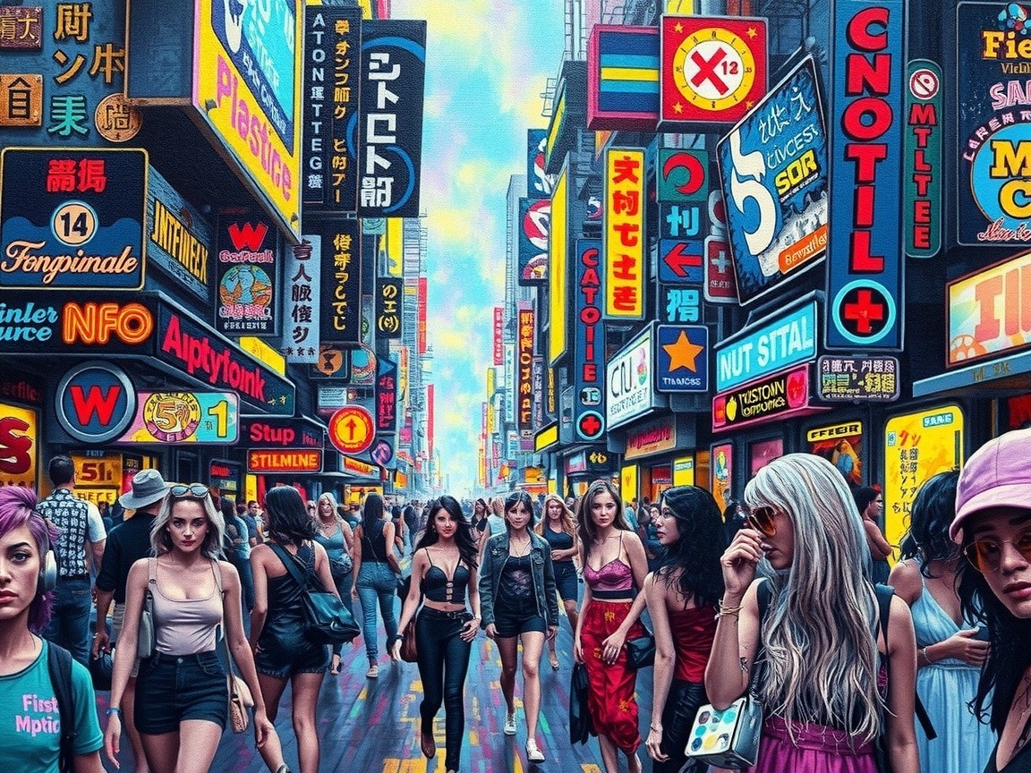 Vibrant Urban Street Scene with Diverse Pedestrians