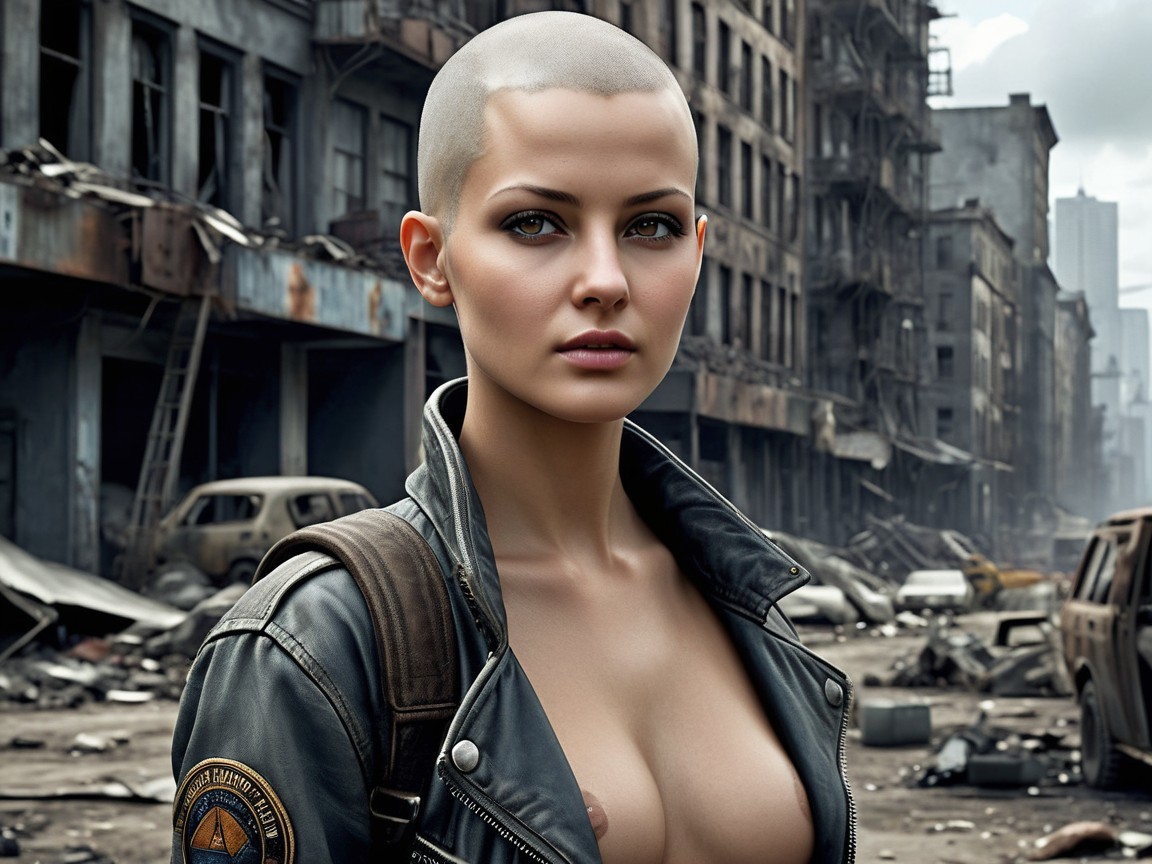Confident Woman in Post-Apocalyptic Urban Setting