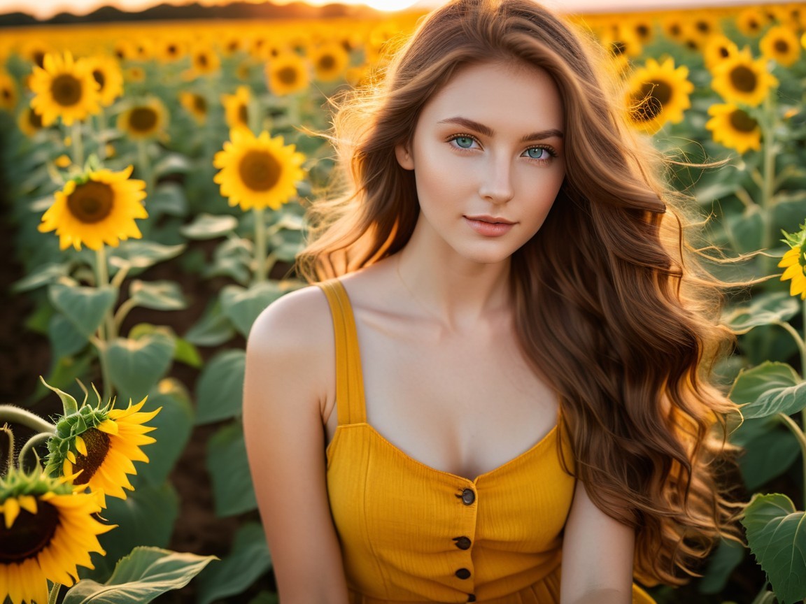 Young Woman in Yellow Dress Surrounded by Sunflowers