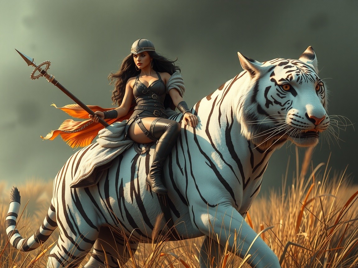 Warrior Woman on White Tiger in Golden Grassland