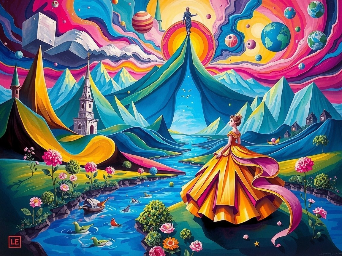 Surreal Landscape with Figure in Yellow Gown by River