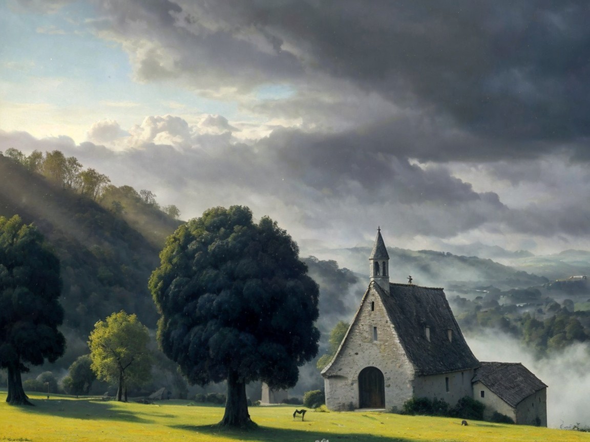 Serene Landscape with Stone Church and Lush Fields