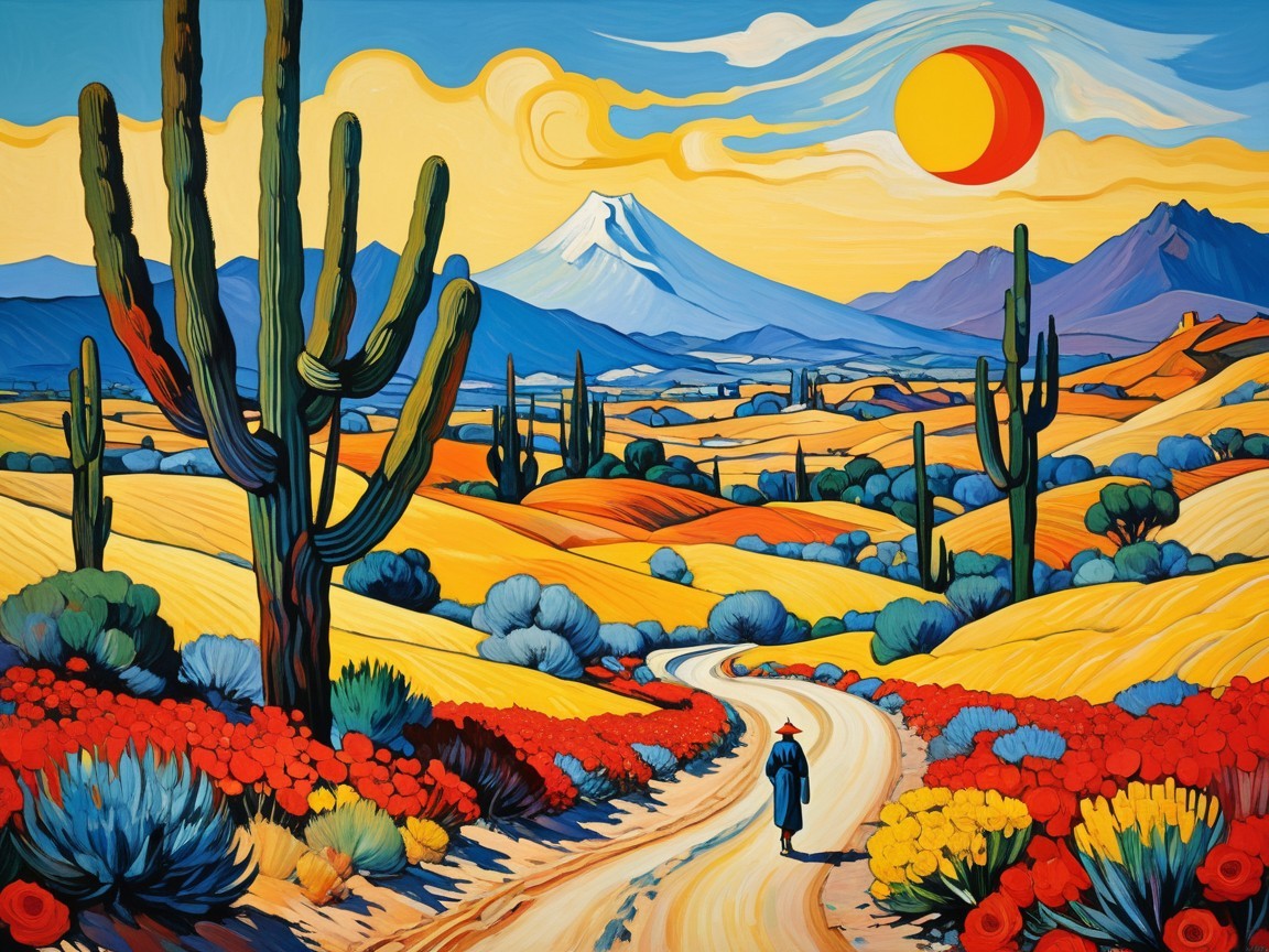 Vibrant Landscape with Winding Road and Colorful Fields