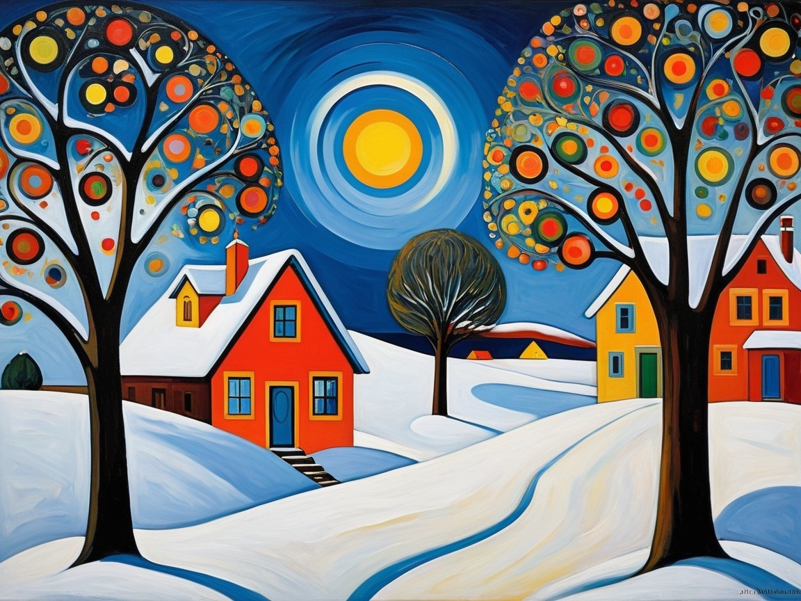 Vibrant Winter Landscape with Colorful Houses and Moon