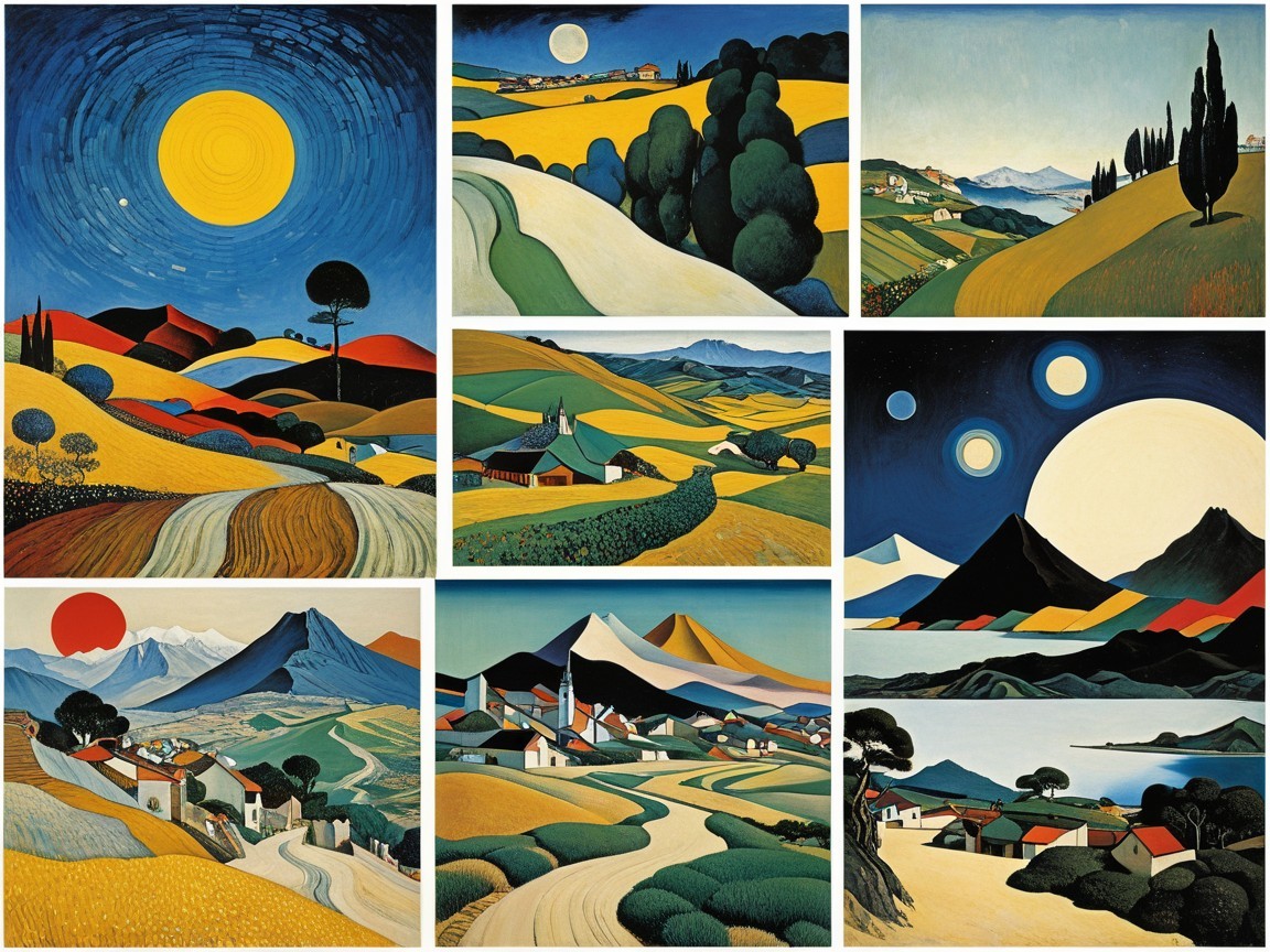 Vibrant Collage of Landscapes with Bold Colors and Shapes