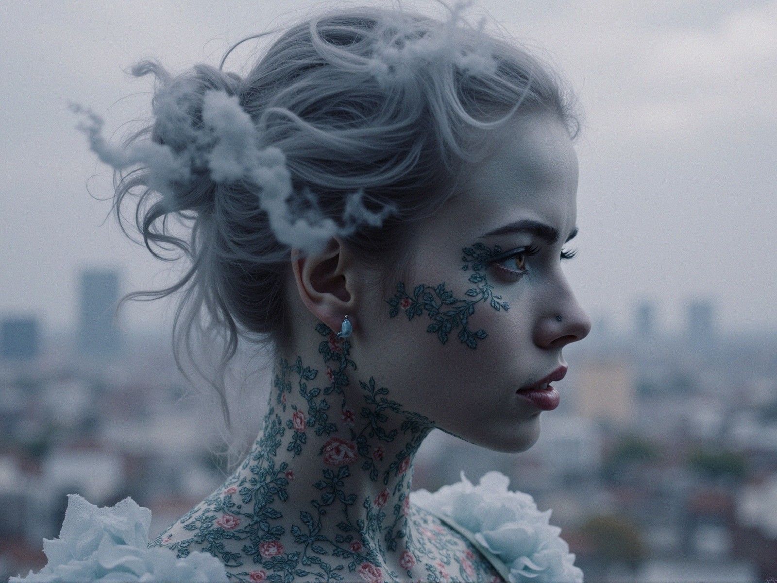 Woman with Floral Tattoos and Elegant Updo in Cityscape