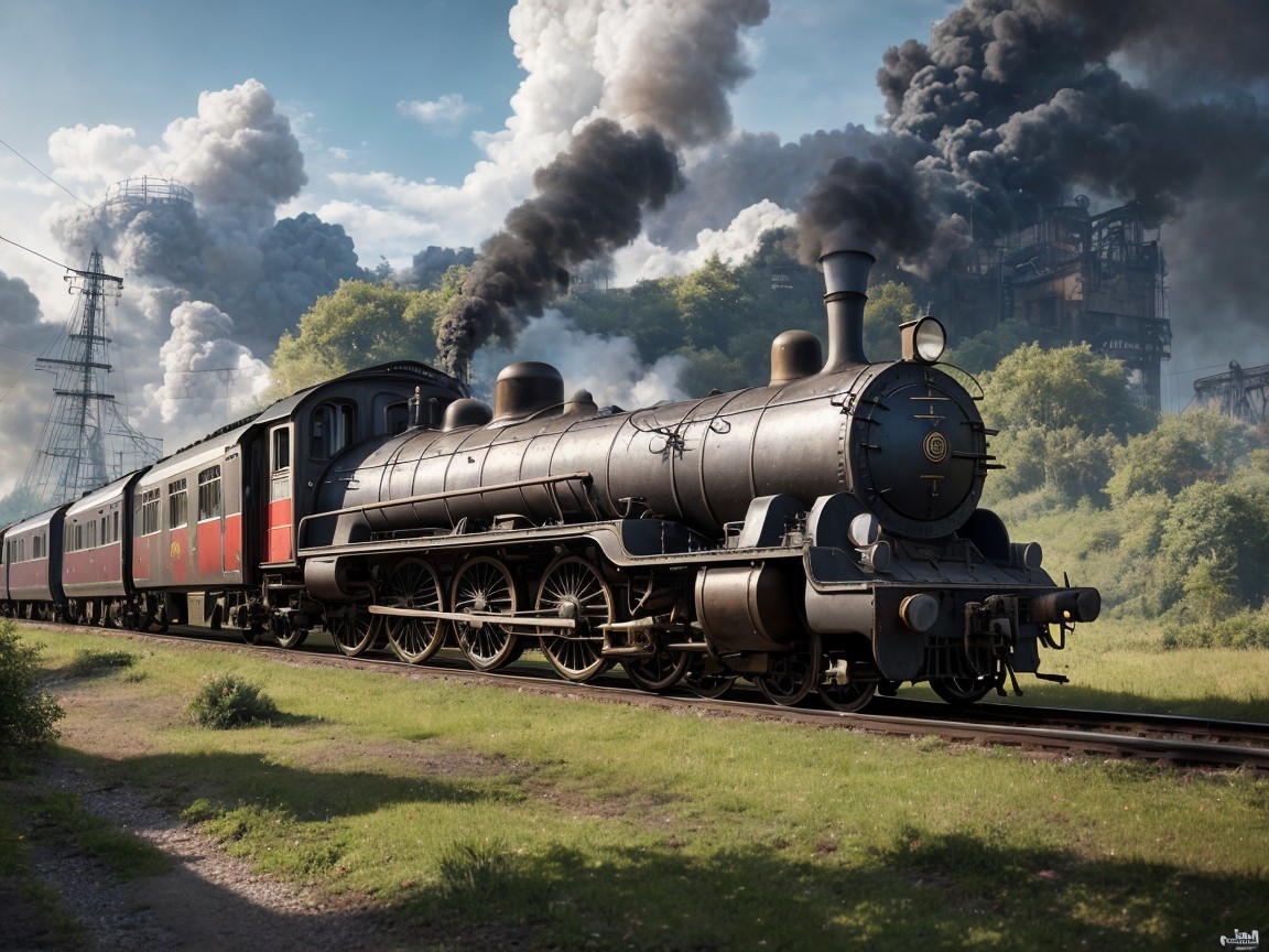 Vintage steam locomotive in lush green landscape