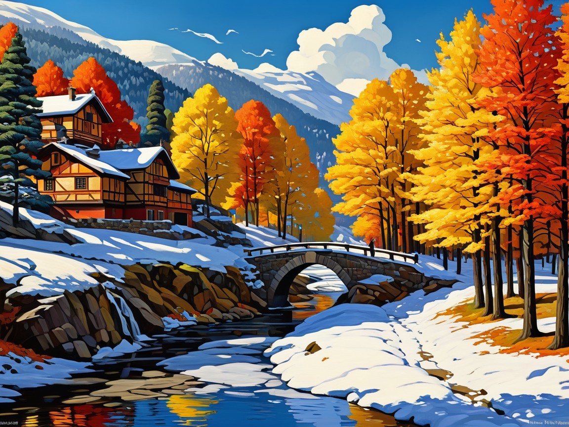 Autumn Landscape with River, Trees, and Snow-Covered Homes