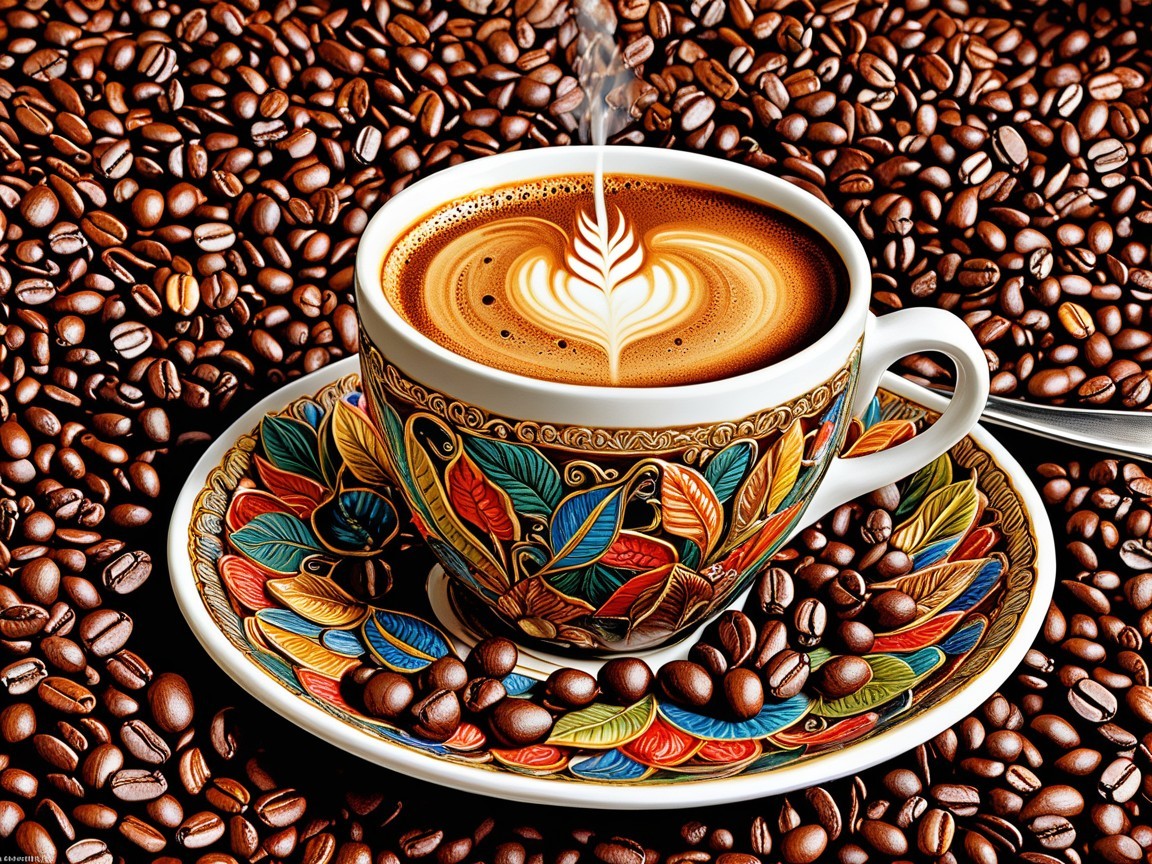 Elegant Coffee Cup on Decorative Saucer with Beans