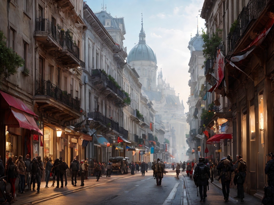Historic Street with Elegant Architecture and Vibrant Flags