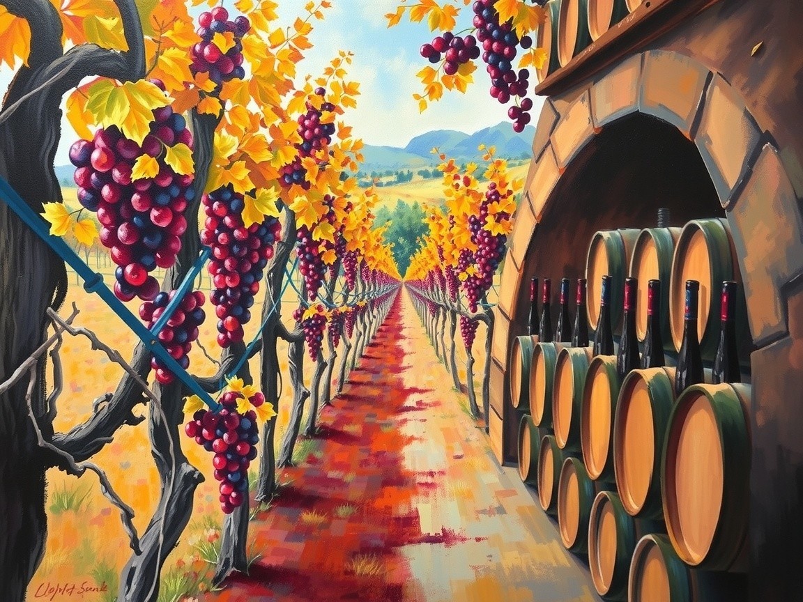 Vibrant Vineyard with Grape Clusters and Stone Archway