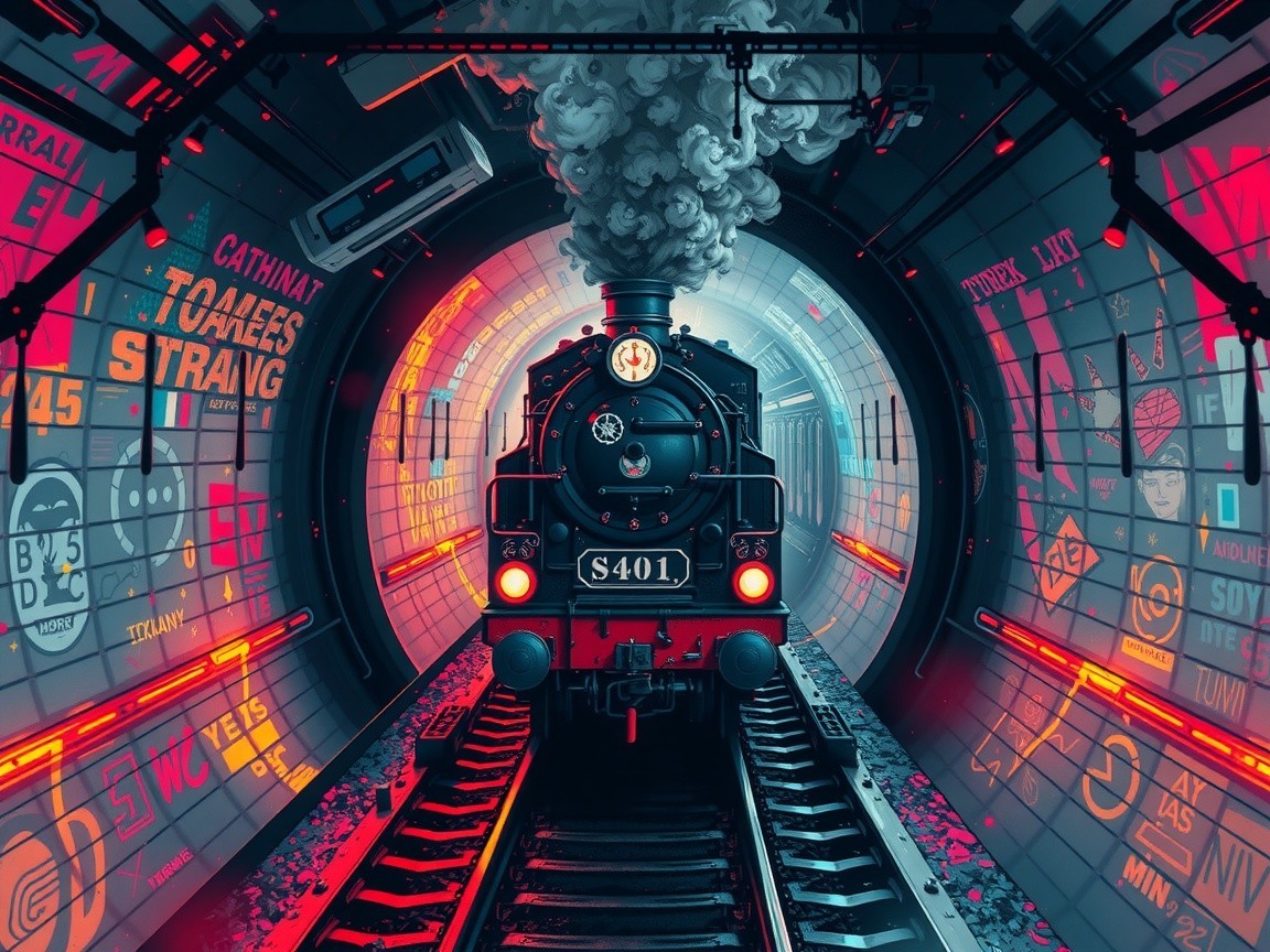 Vintage Steam Locomotive in Neon Graffiti Tunnel