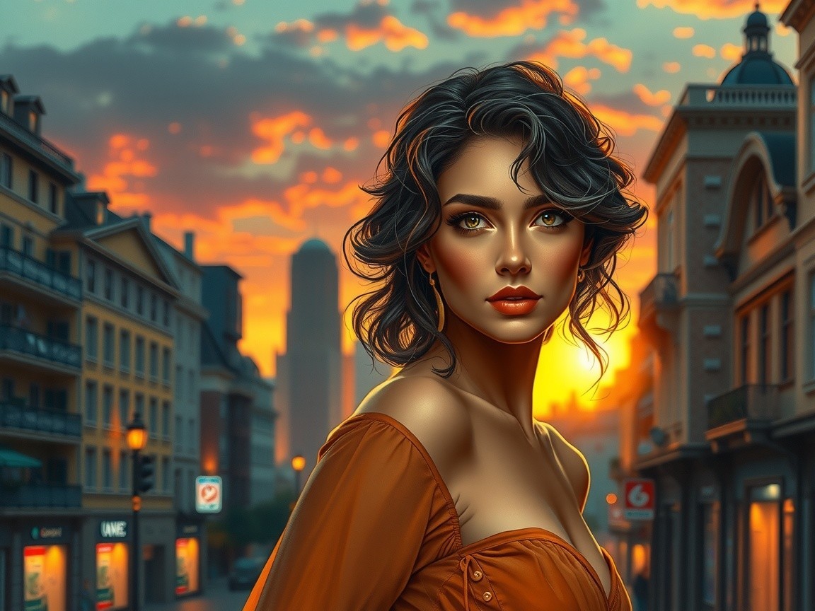 Woman in urban sunset with vibrant orange top