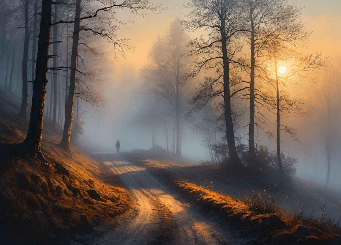 Solitary Figure on a Misty Forest Path at Dawn