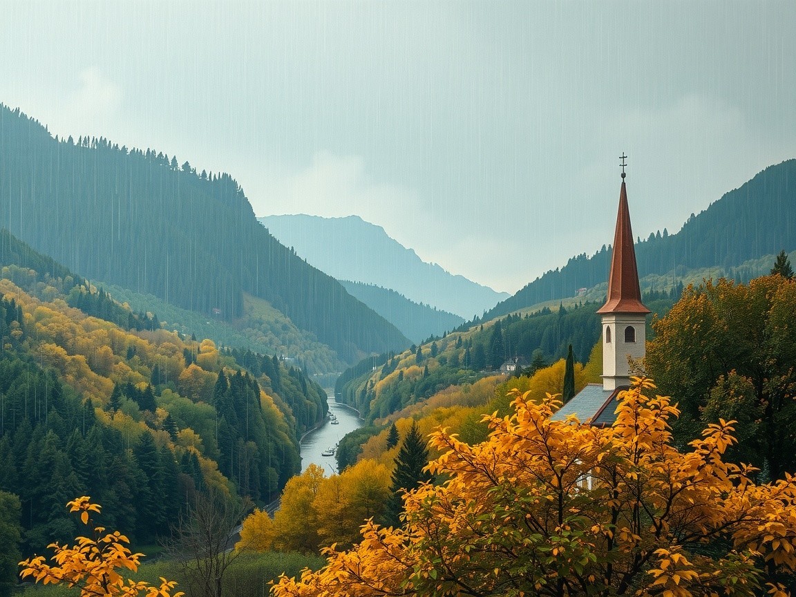 Serene Landscape with Quaint Church and Autumn Foliage