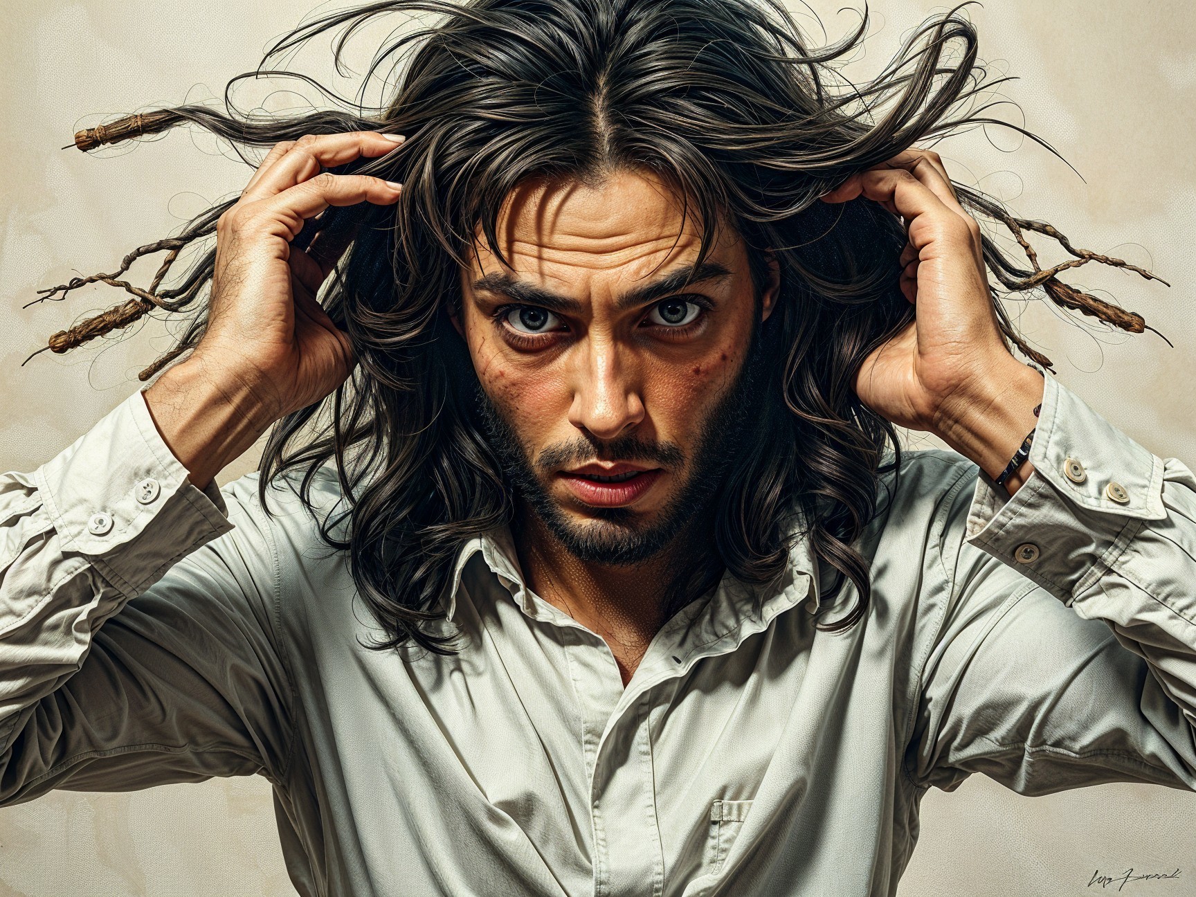 Portrait of a Young Man with Flowing Hair and Intense Expression