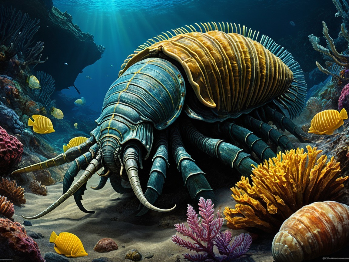 Vibrant Underwater Scene with Armored Creature and Coral