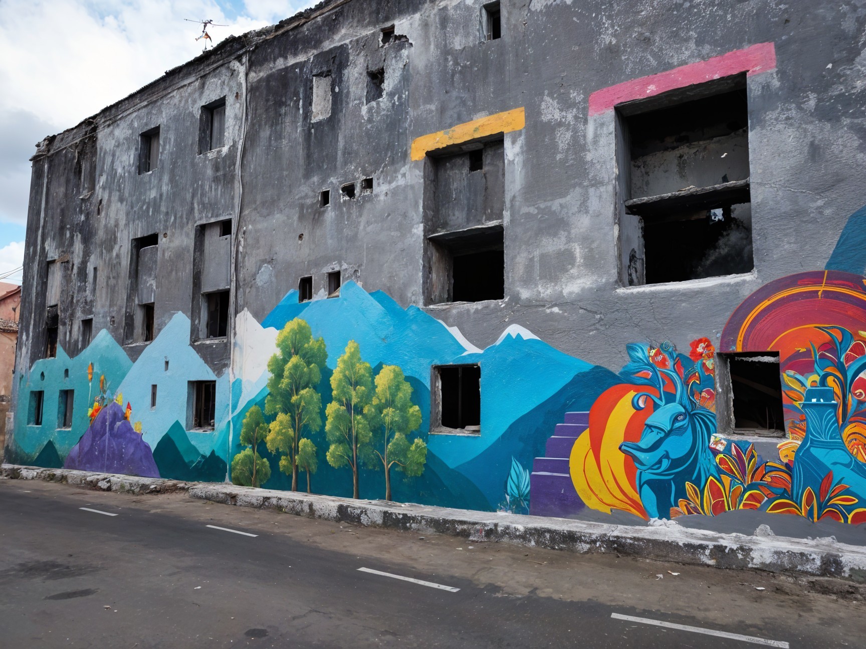 Vibrant Mural on Weathered Building Facade