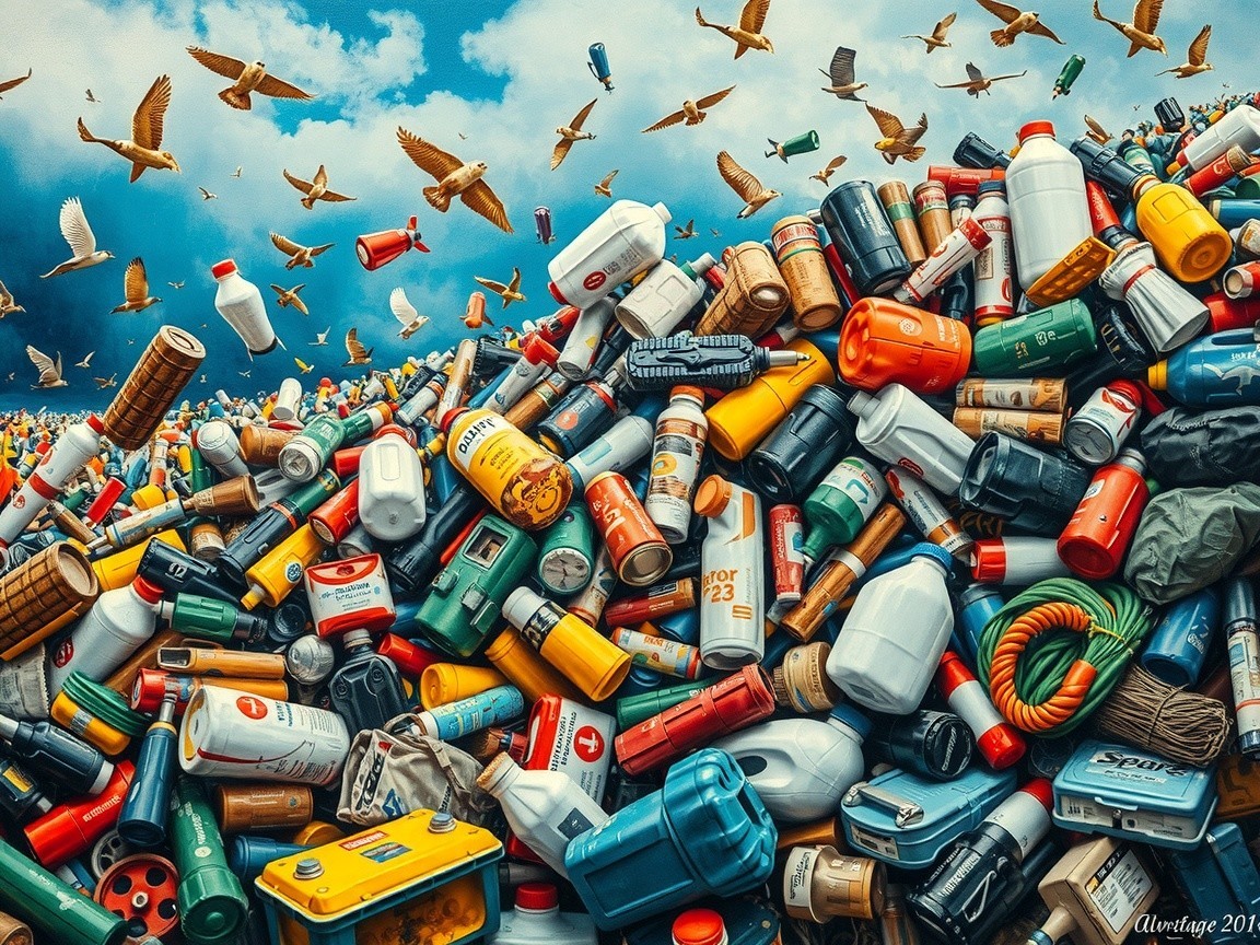 Chaotic Pile of Plastic and Metal Waste Under Sky