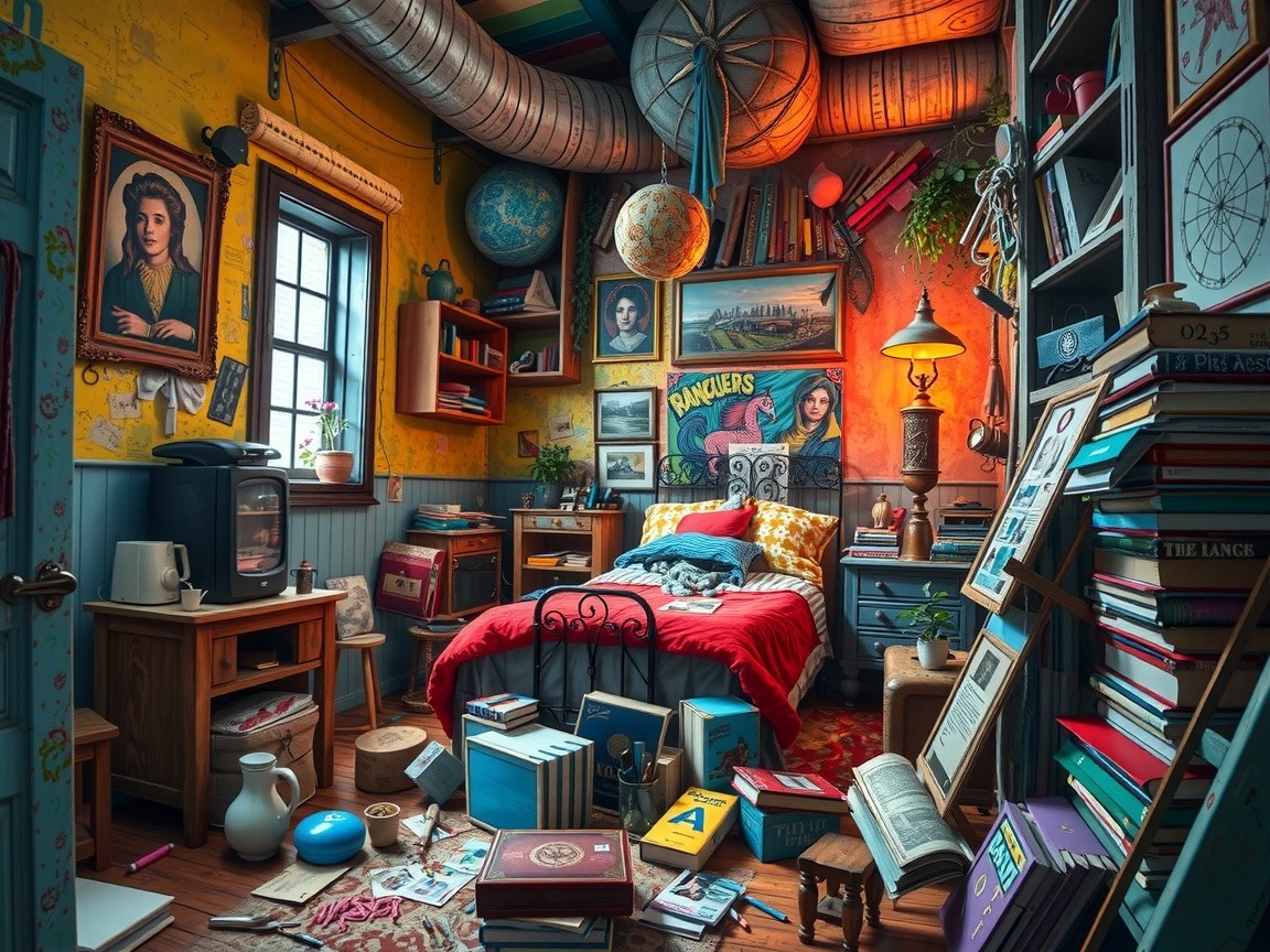 Cozy Eclectic Bedroom with Vibrant Decor and Lighting