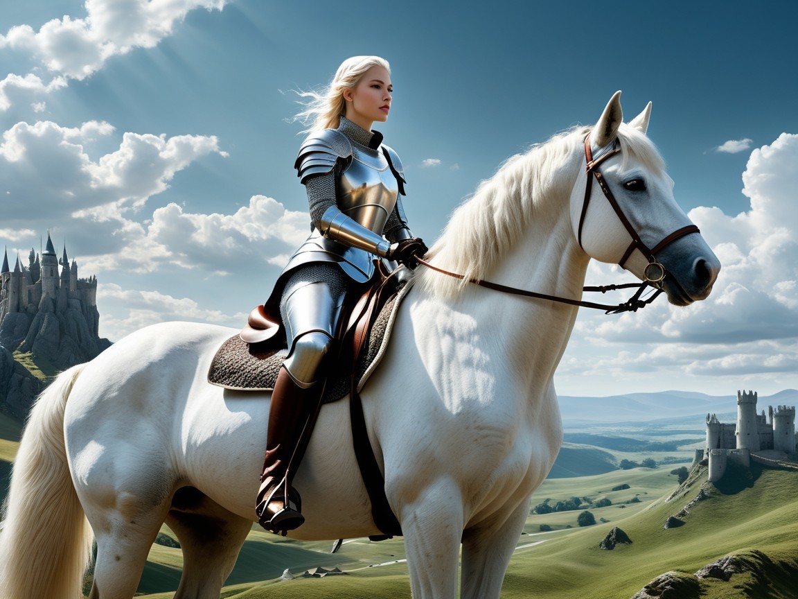 Knight on White Horse in Fantasy Landscape
