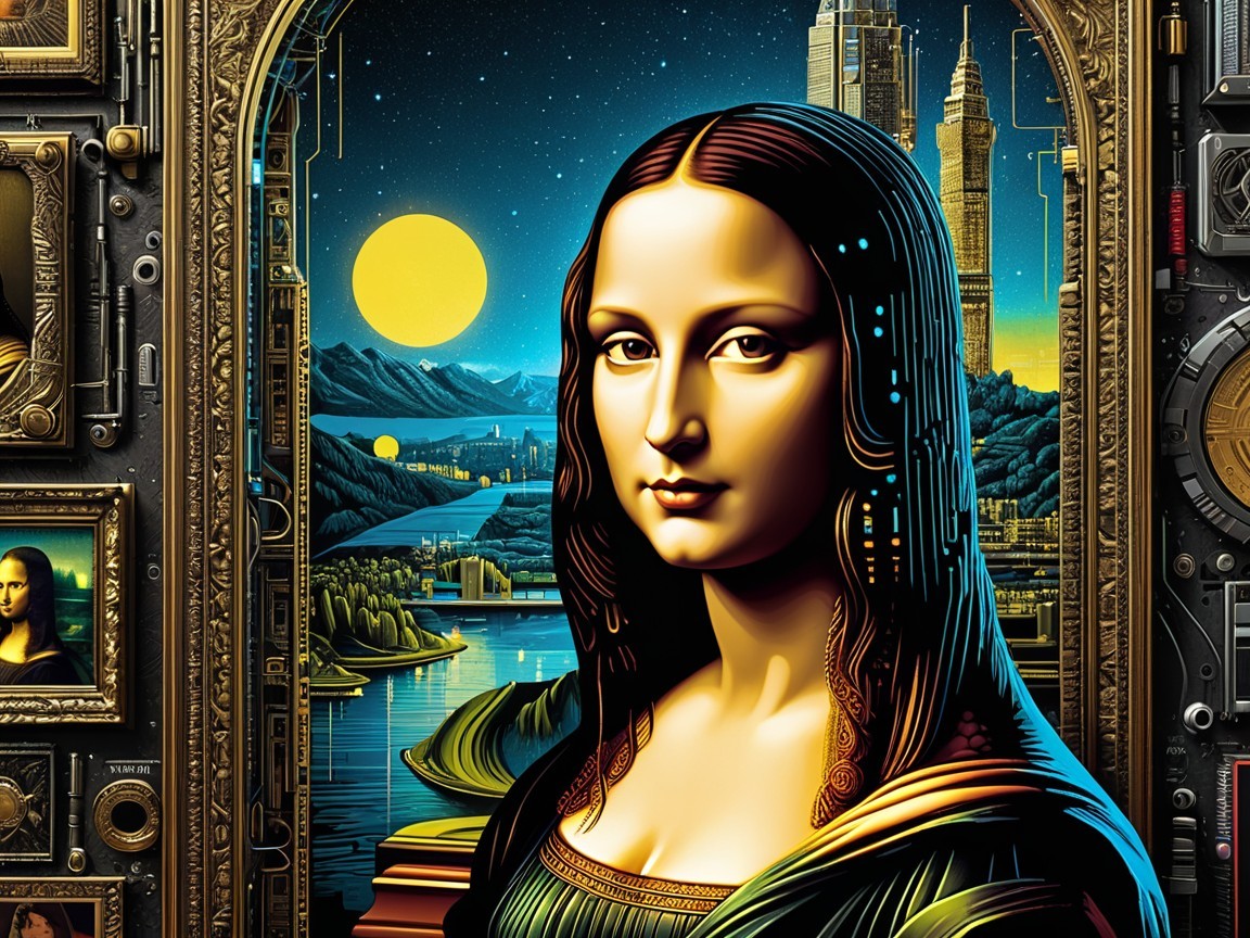 Reimagined Mona Lisa in Futuristic Cityscape Setting