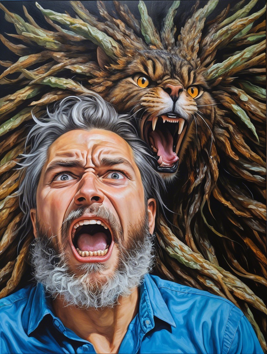 Man in Terror with Roaring Lion in Surreal Scene
