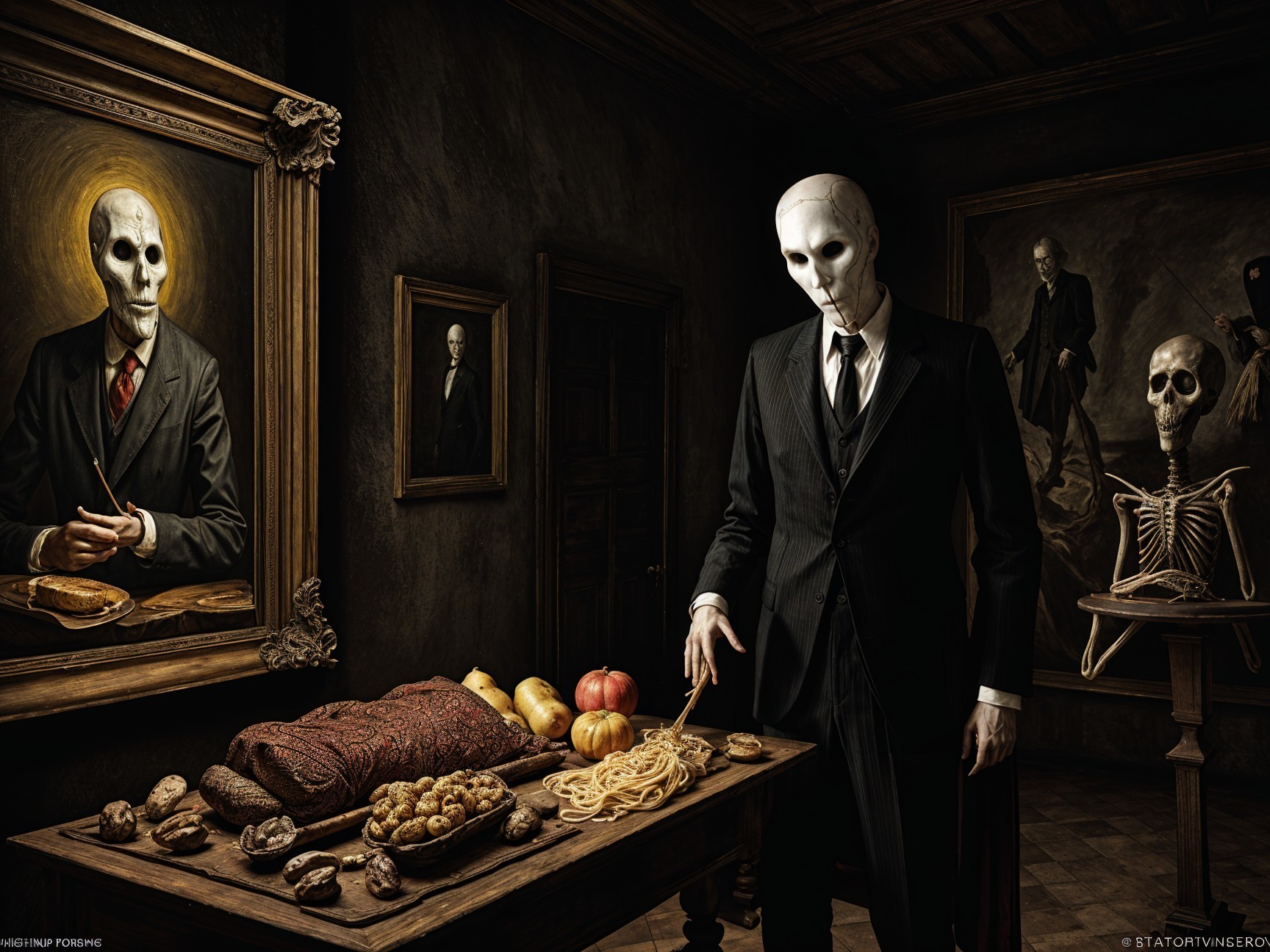 Haunting Scene with Figures, Food, and Eerie Portraits