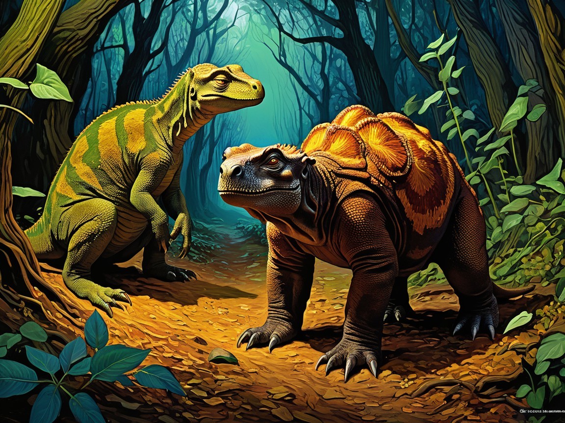 Armored Dinosaur and Agile Companion in Prehistoric Forest