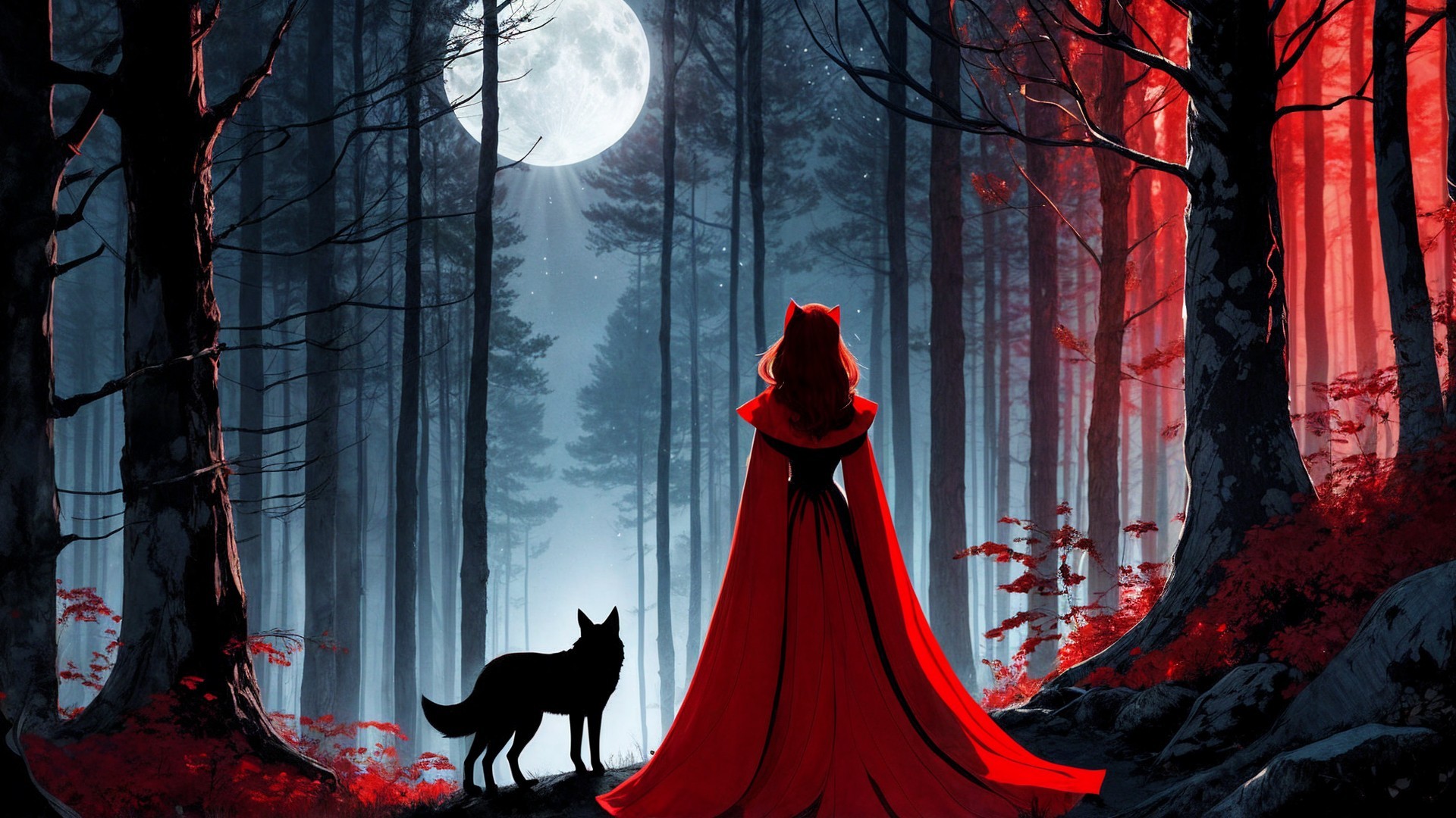 Mystical forest scene with cloaked figure and wolf