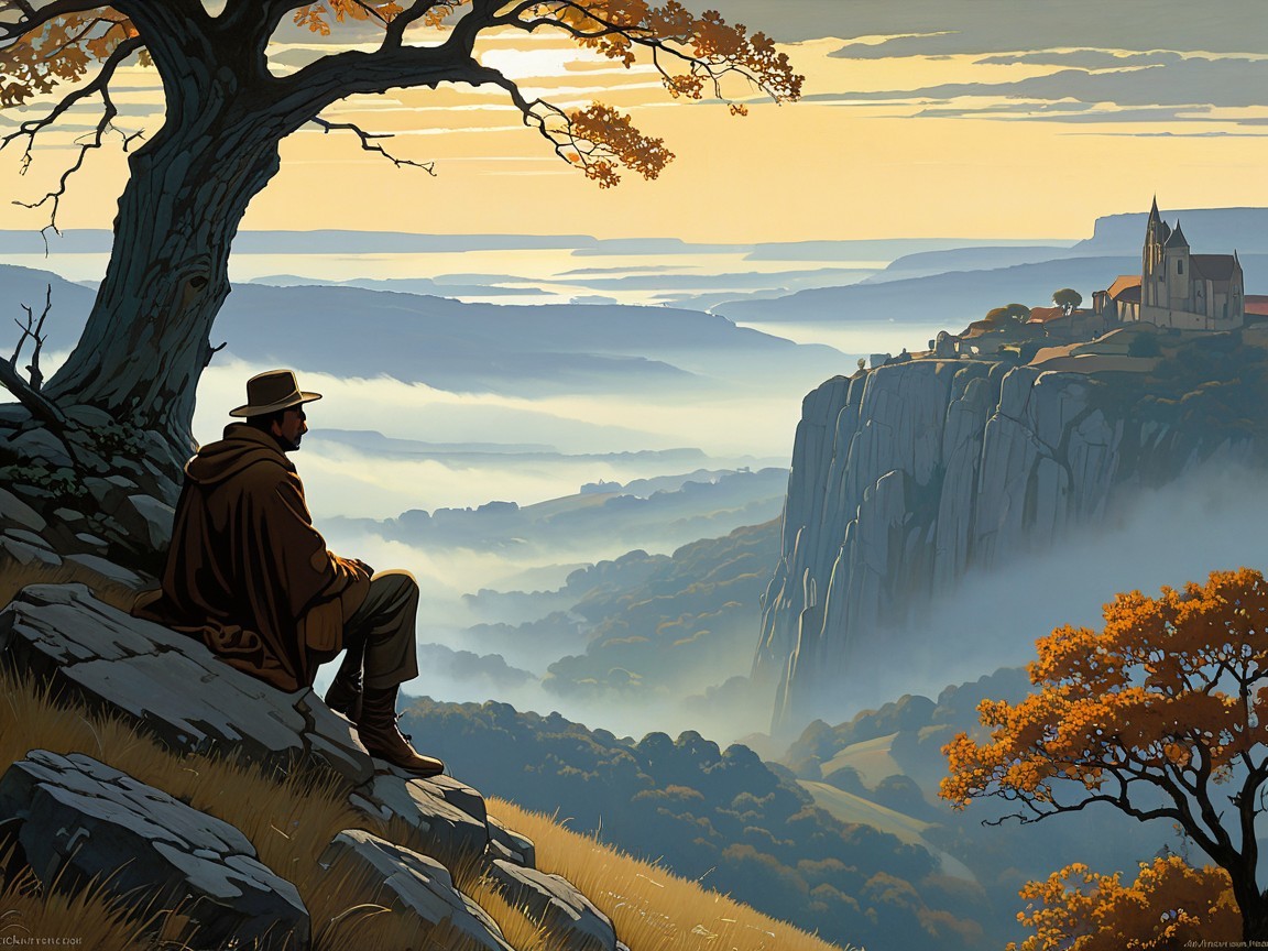 Solitary Figure Overlooking Tranquil Autumn Landscape