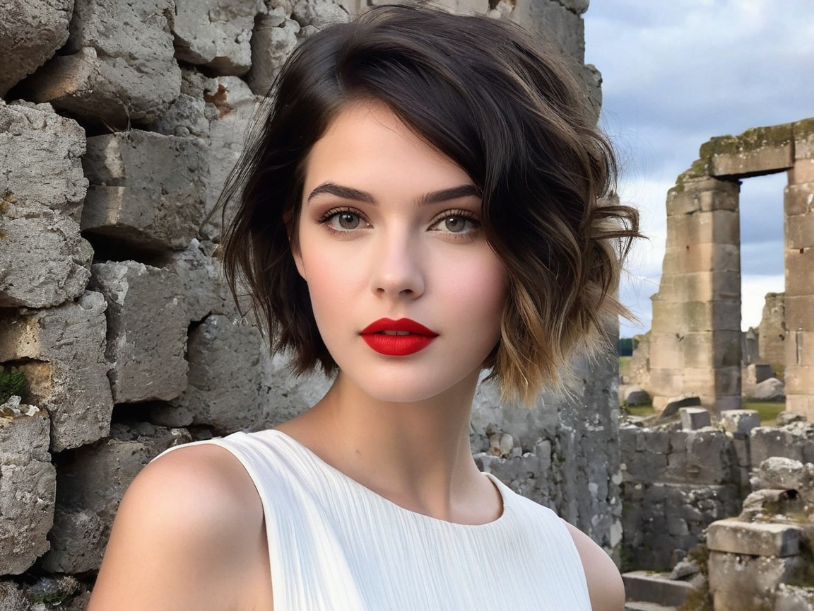 Woman in Ancient Stone Ruins with Bold Features