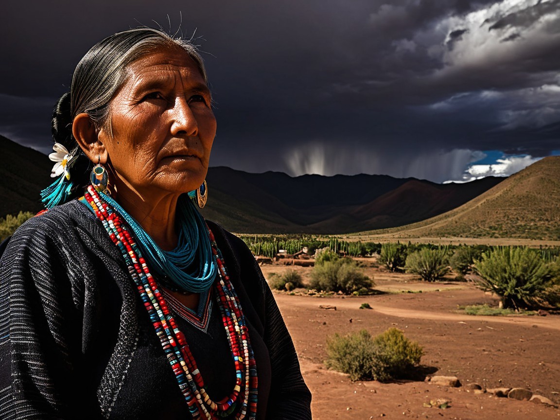 Weathered Woman in Traditional Attire in Rugged Landscape