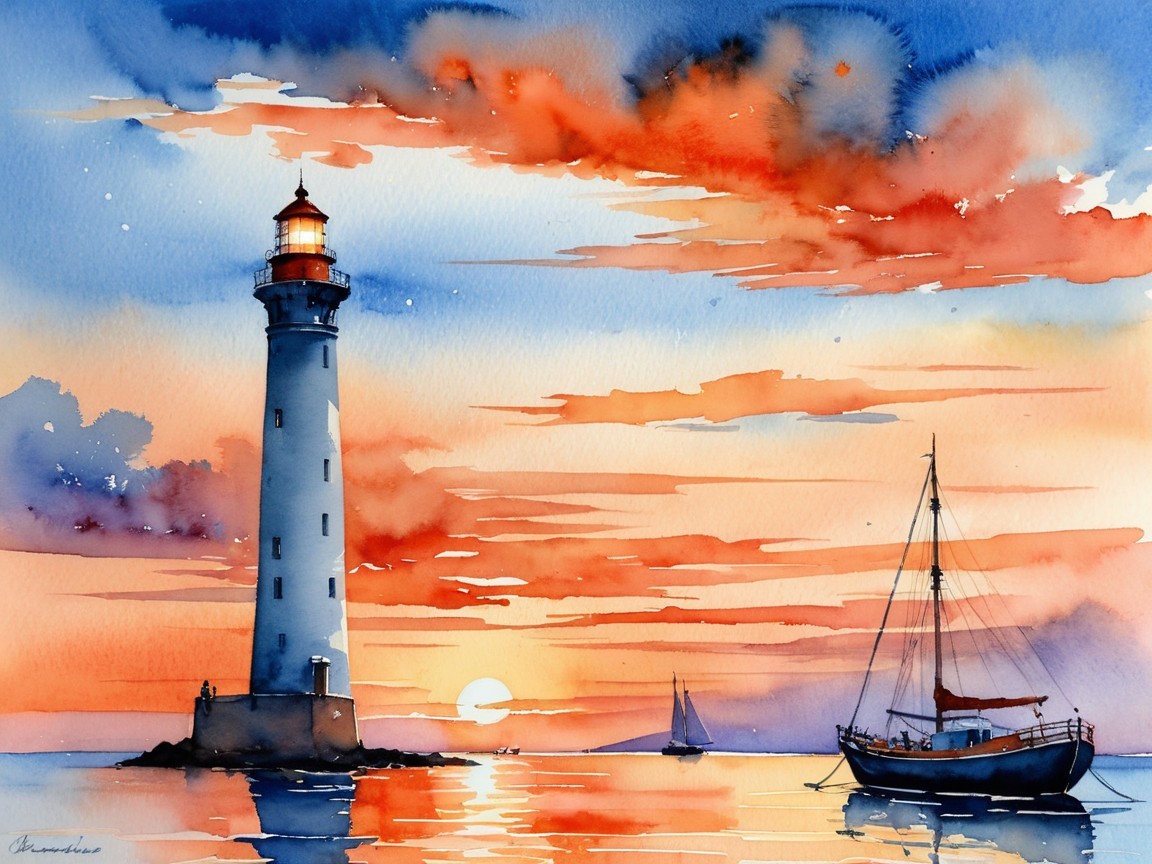 Watercolor Lighthouse at Sunset with Sailboats