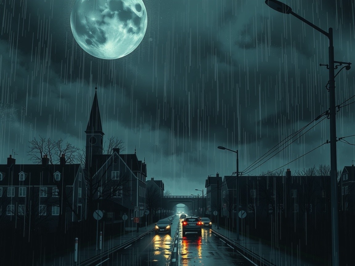 Dark Cityscape with Moonlit Rain and Silhouetted Buildings