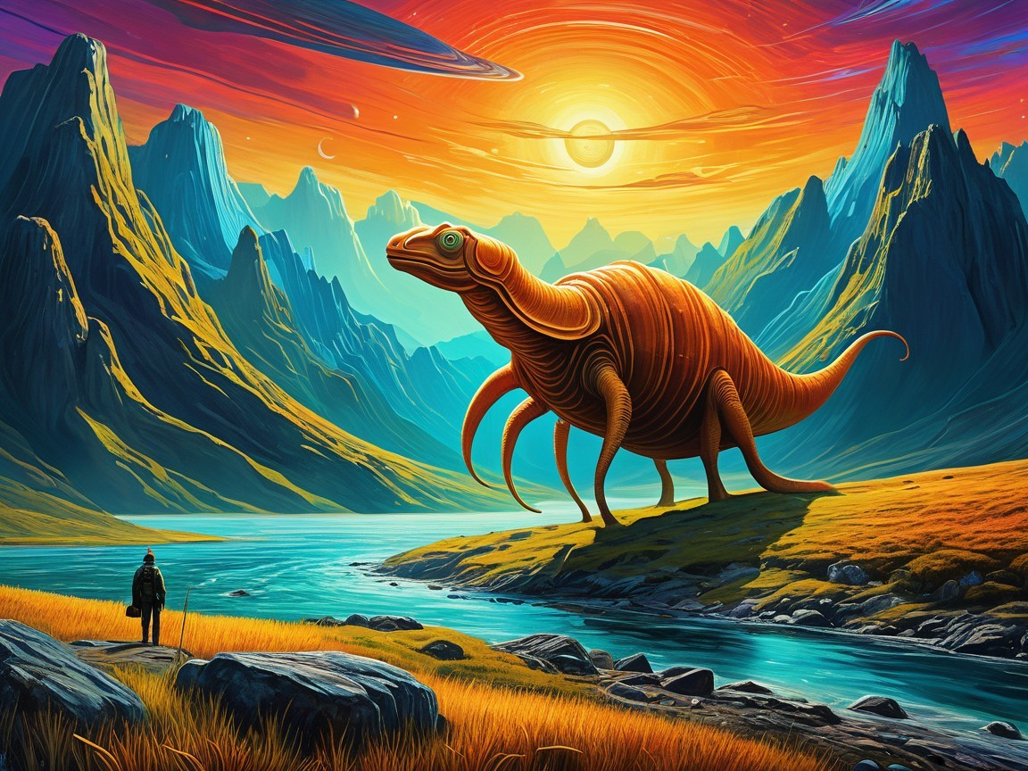 Orange Creature by River with Cosmic Background