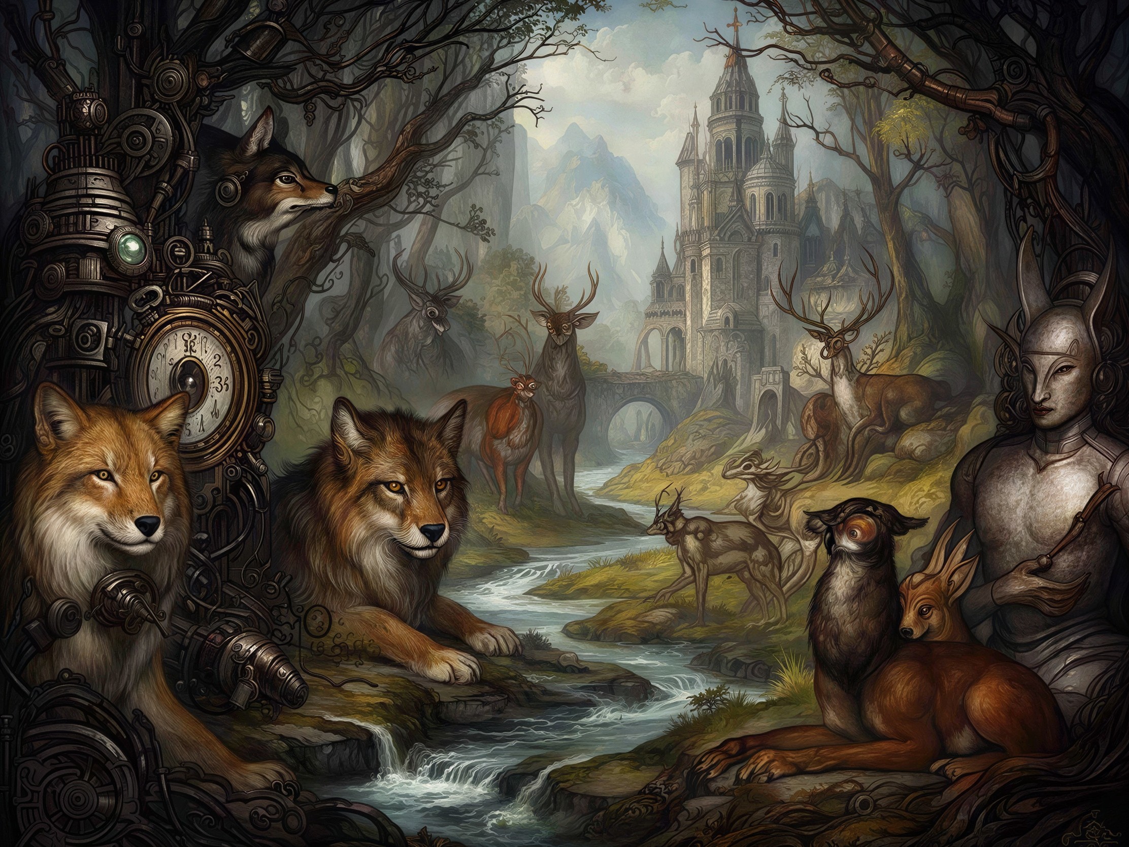 Magical Forest with Animals and Steampunk Elements